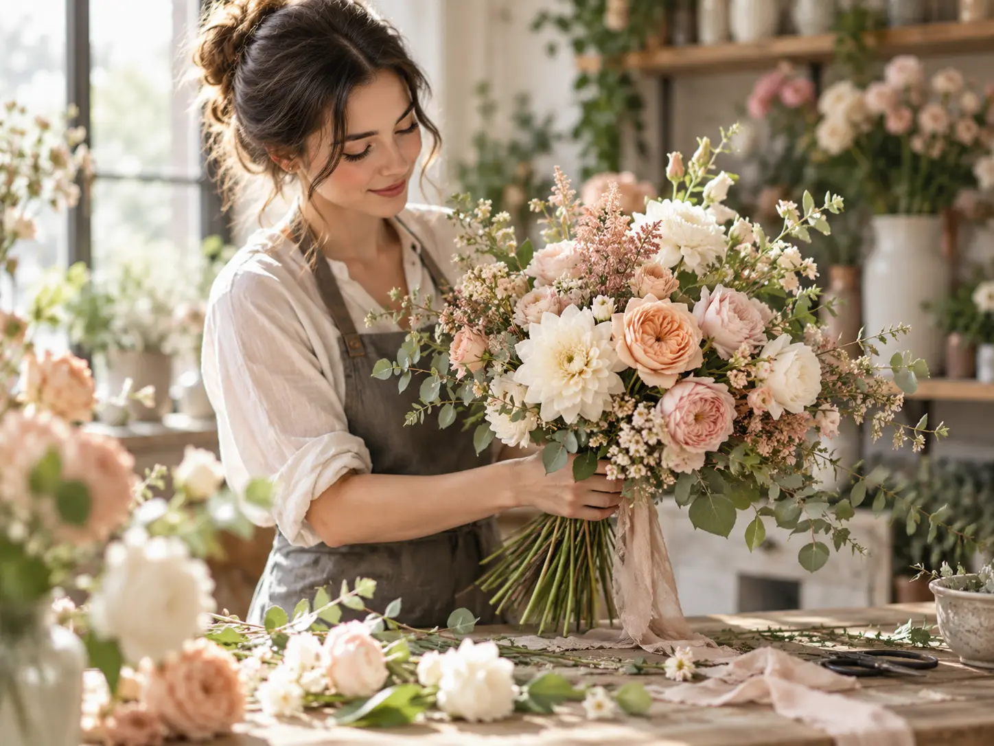 Florystka układająca autorski bukiet w pastelowych kolorach